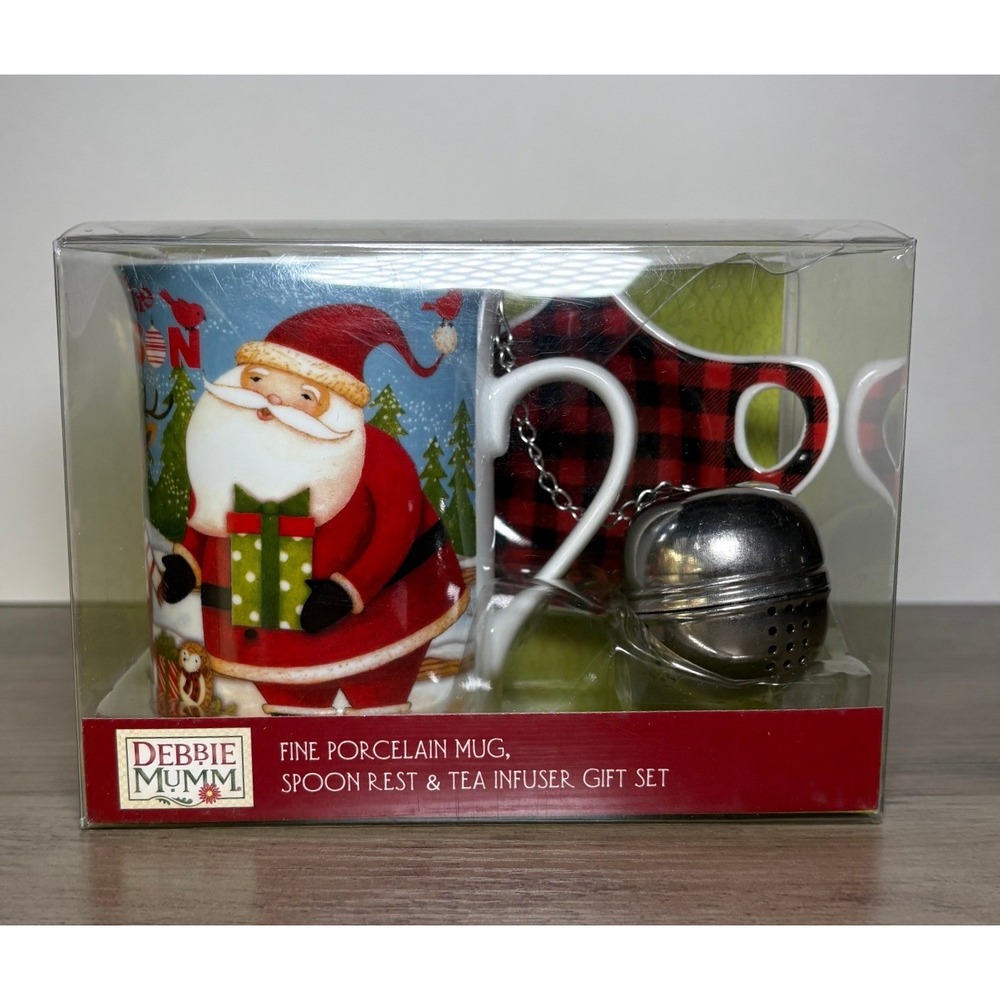 NEW Santa & Reindeer Debbie Mumm Porcelain Mug Spoon Rest Tea Infuser Gift Set